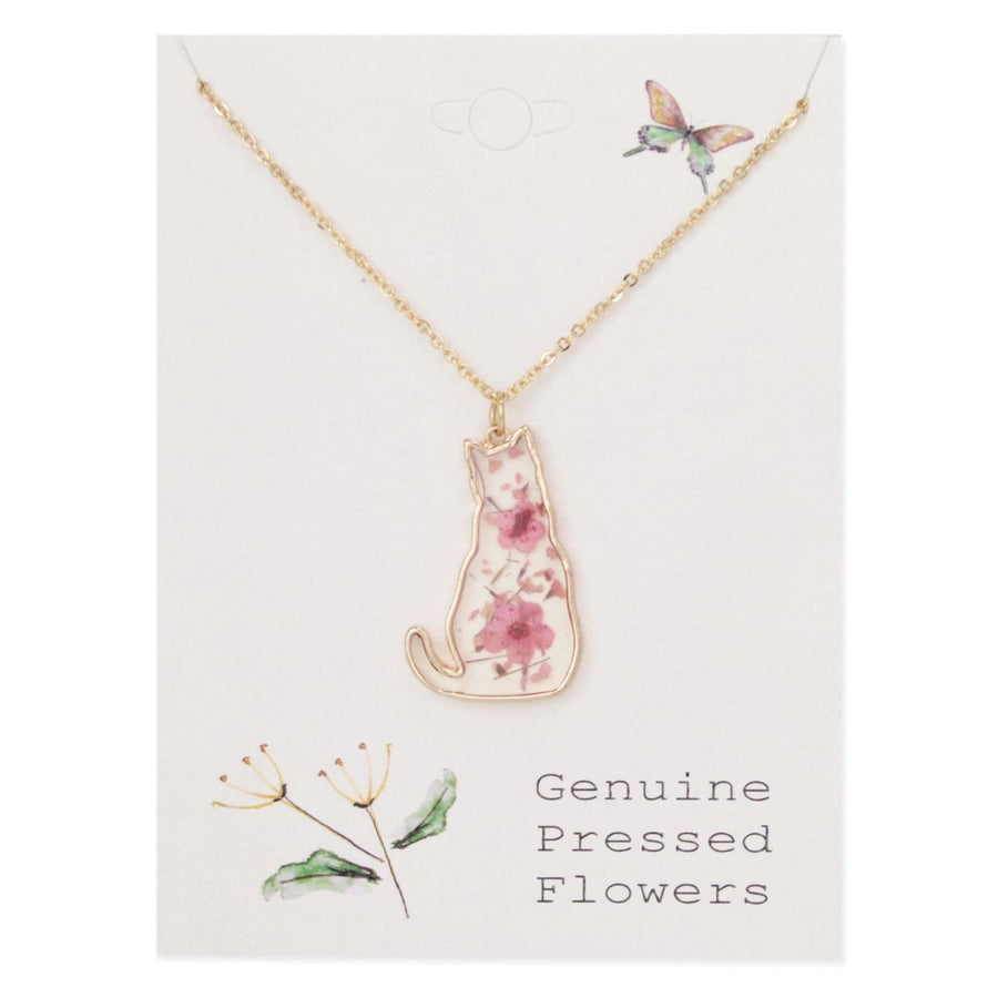 Necklace with floral cat  shaped pendant on a card labelled 'Genuine Pressed Flowers'