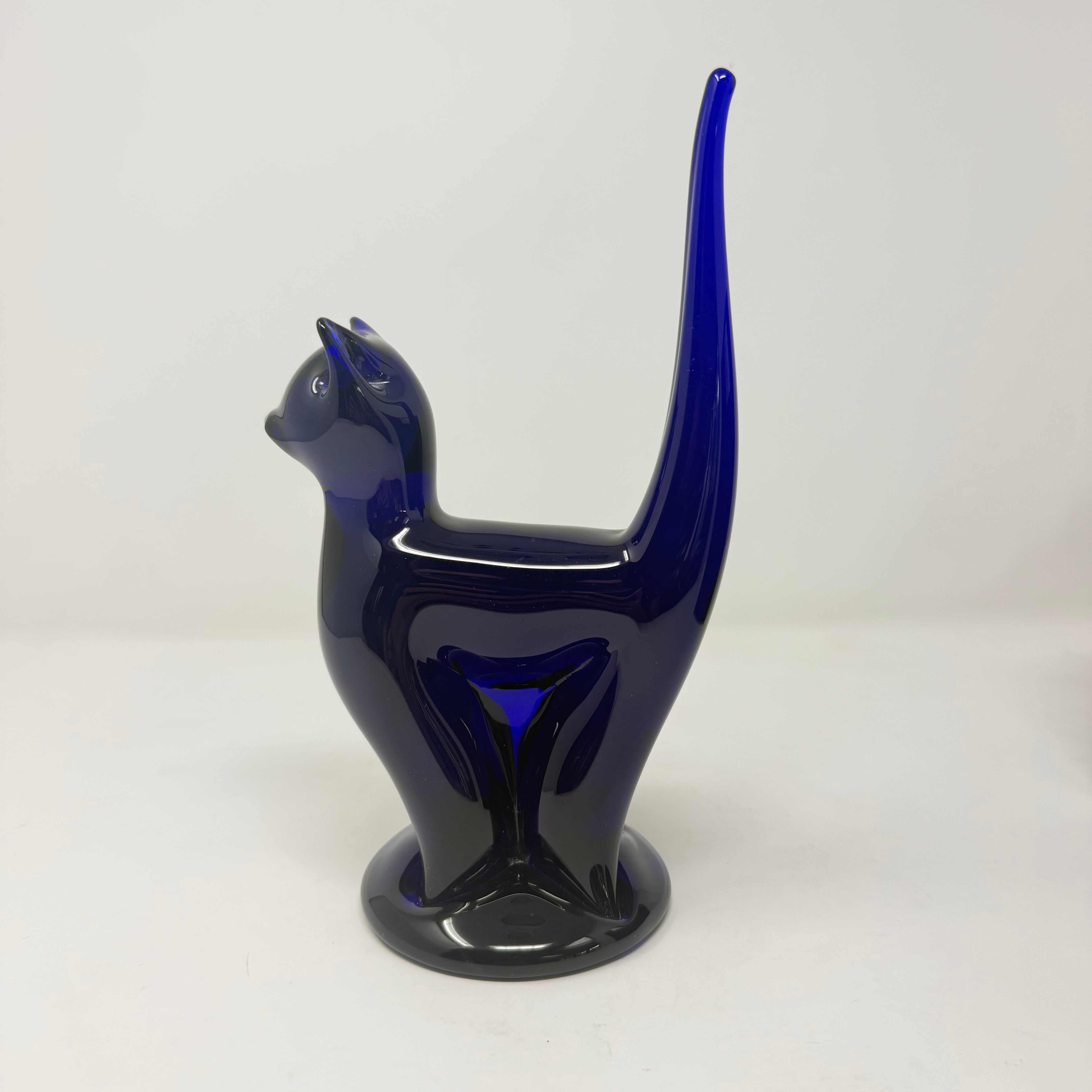 Vintage Bristol Blue Glass Cat 24cm Signed B. Taylor