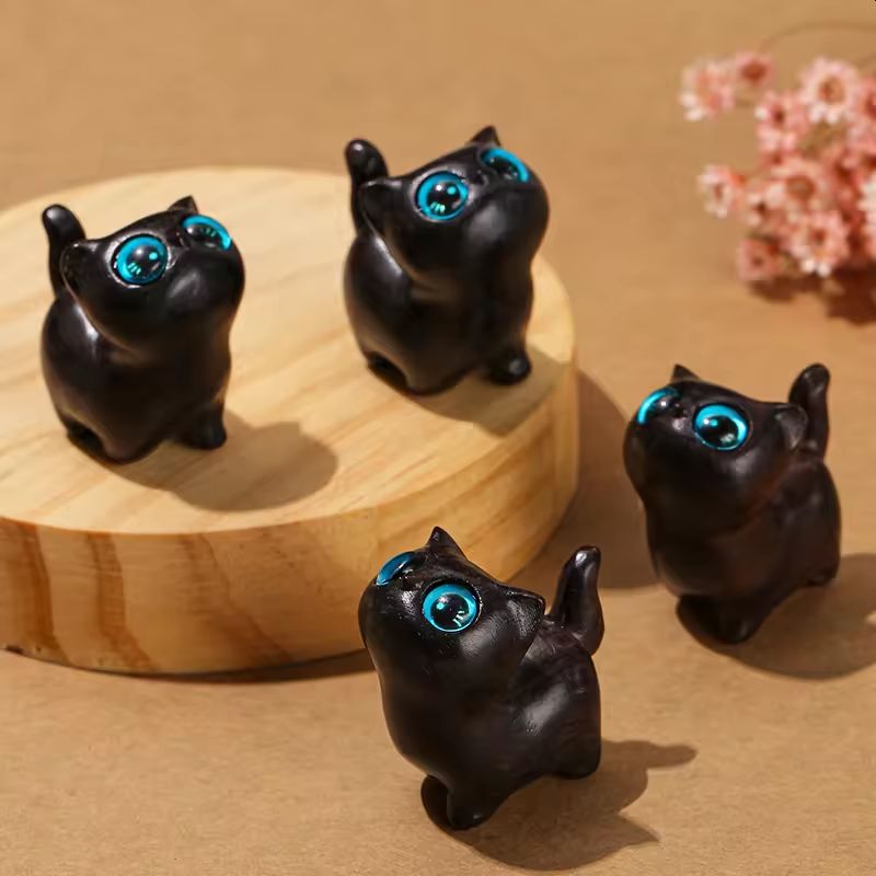 Carved Wooden Cat with Googly Eyes