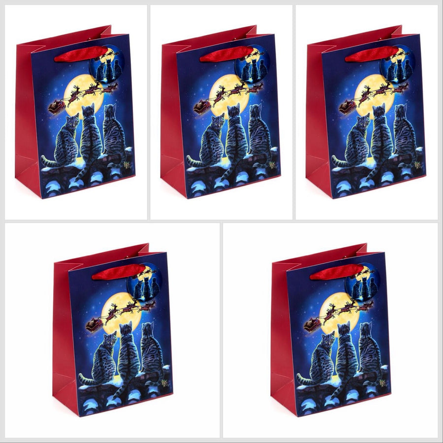 Five identical Christmas-themed gift bags: Black cats looking up at Santa's sleigh against a large yellow moon in a night sky.