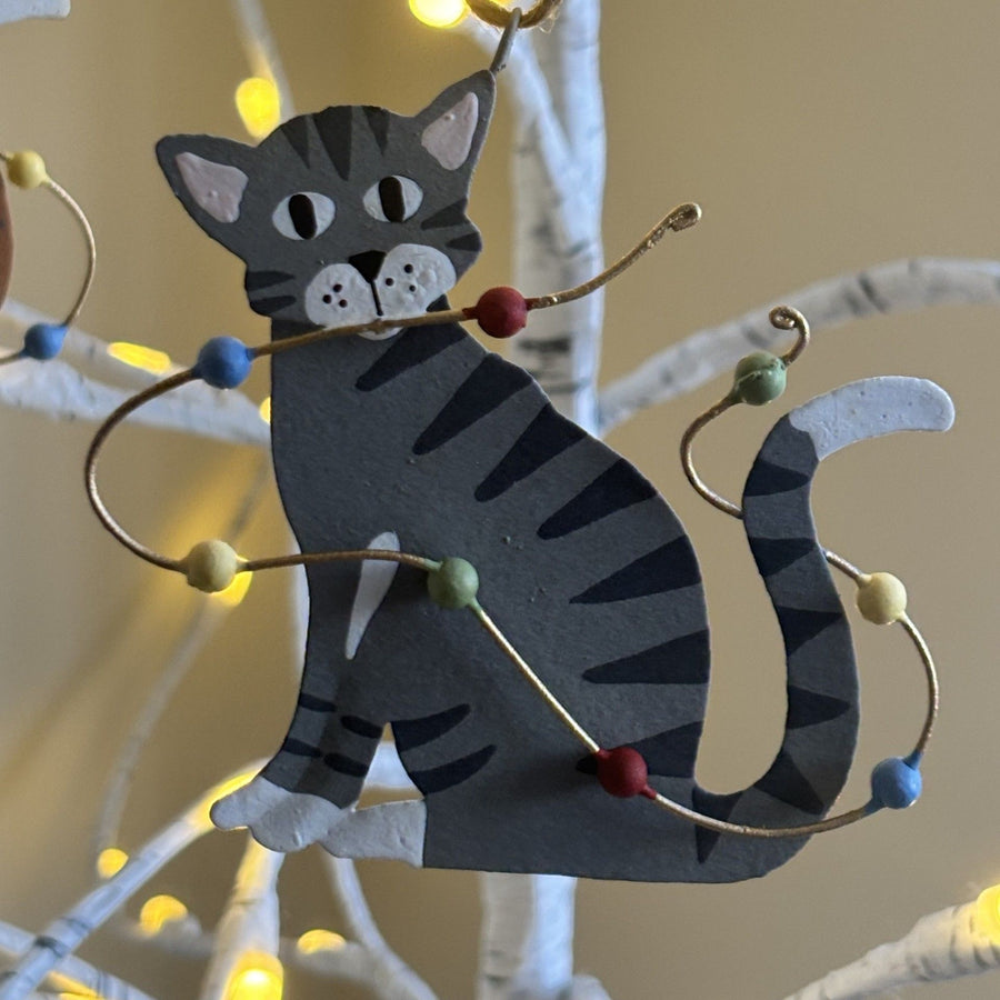 Fairy Lights Feline Decoration, Grey Cat
