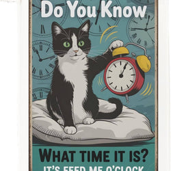 A vintage-style illustrated tea towel featuring a black-and-white cat holding a red alarm clock, with the text 'Do You Know WHAT TIME IT IS? IT'S FEED ME O'CLOCK