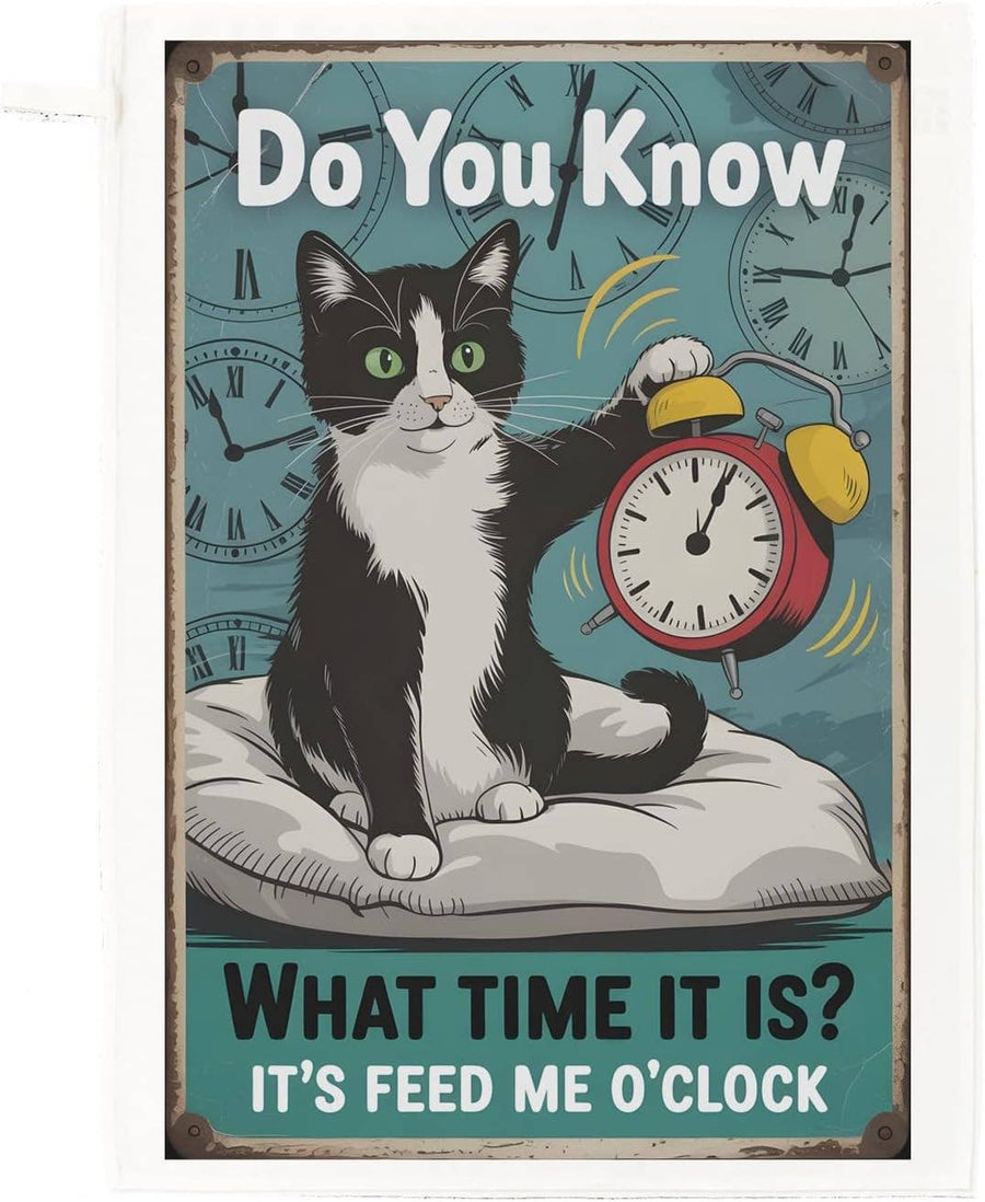 A vintage-style illustrated tea towel featuring a black-and-white cat holding a red alarm clock, with the text 'Do You Know WHAT TIME IT IS? IT'S FEED ME O'CLOCK