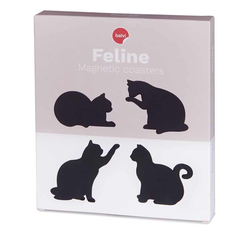 A boxed set of feline magnetic coasters by Balvi, featuring four black cat silhouette designs
