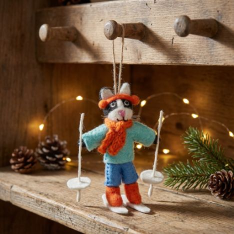 Handmade Felt Alpine Feline Skiing Cat Hanging Decoration