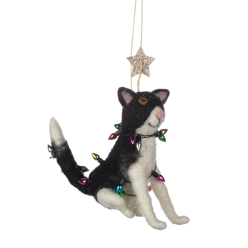 Tuxedo Felt Cat in Fairy Lights decoration