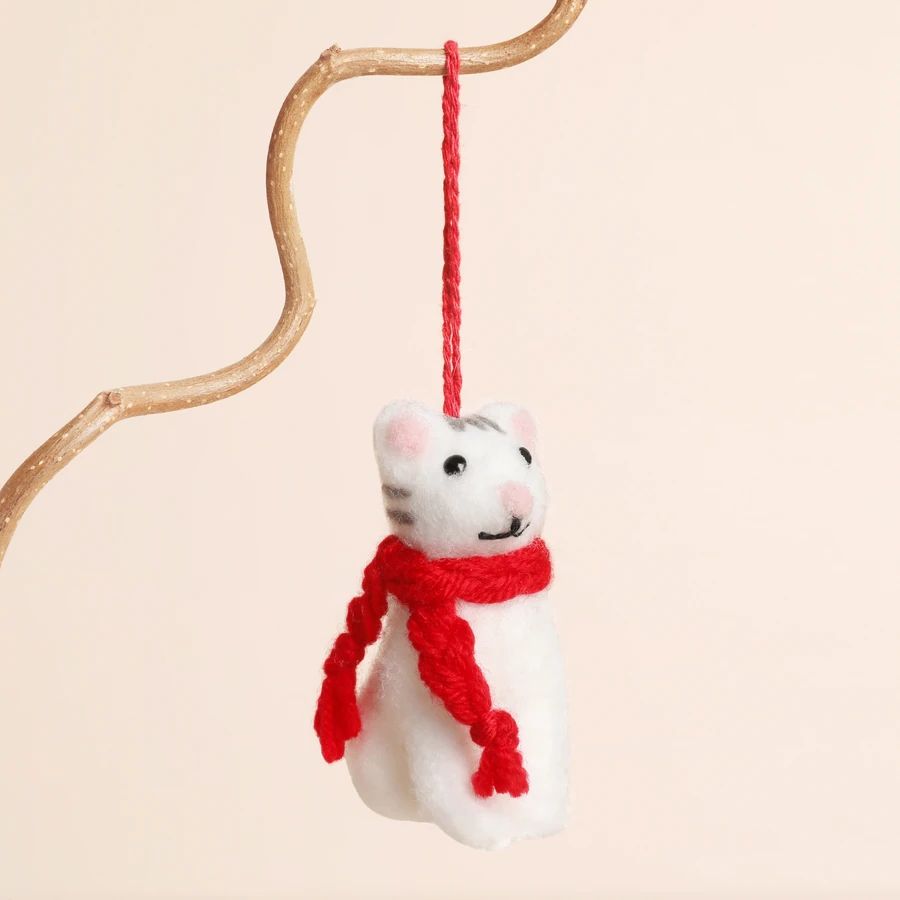 Felt Festive Cat with Red Scarf Hanging Decoration