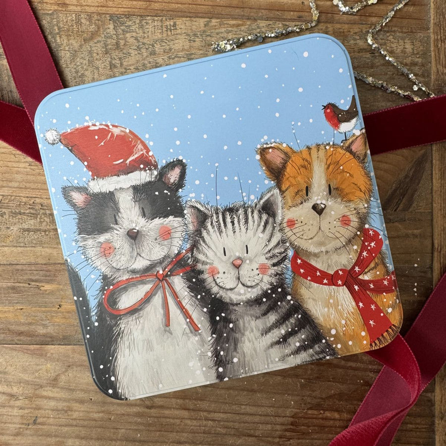 A square tin gift box with rounded corners featuring a festive illustration of three cats in winter clothing under falling snow