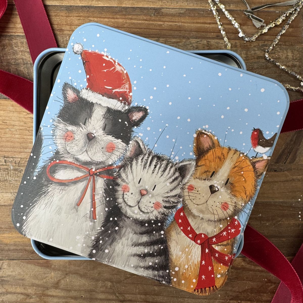 Festive Cats Large Square Tin