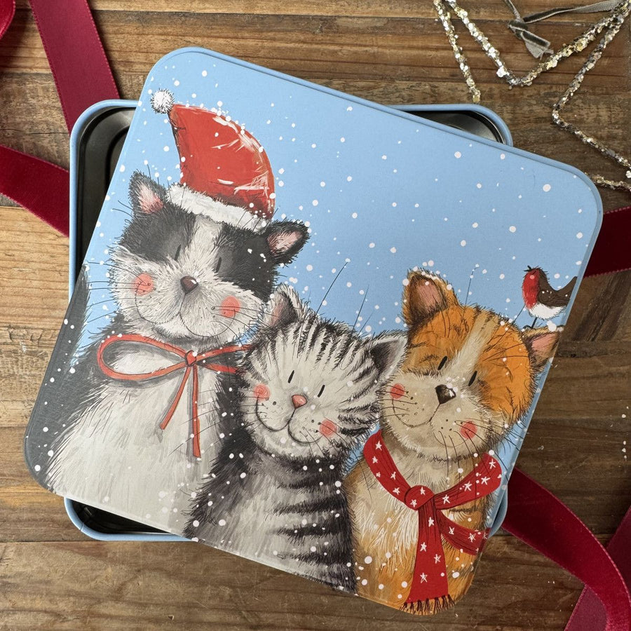 A square metal gift tin with a lid, decorated with an illustration of three cats wearing red holiday scarves and hats under a snowy blue sky.