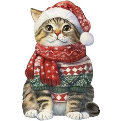 Completed jigsaw design of a cat wearing a festive sweater, hat, and scarf on a white background