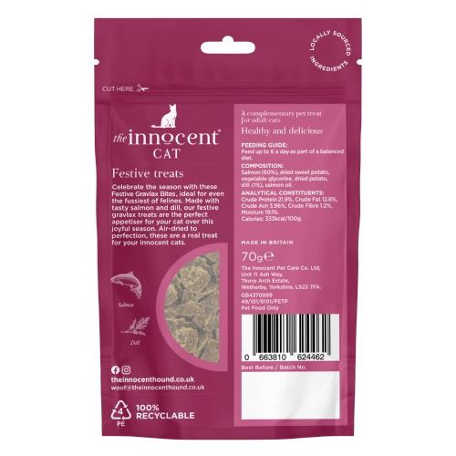 Reverse view of maroon packet of Festive Gravlax bites. Treats visible through clear pack window