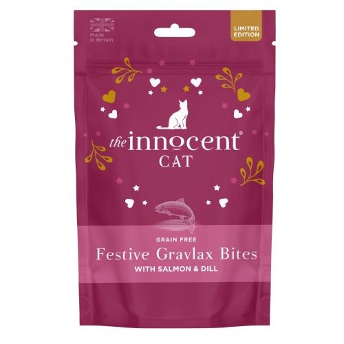 Maroon packet of Festive Gravlax Bites with salmon and dill. Marked limited edition, by the Innocent Cat, on white background