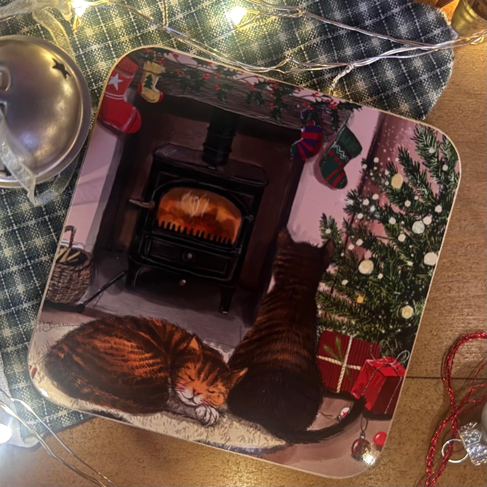 Fireplace Cats Christmas Coaster
