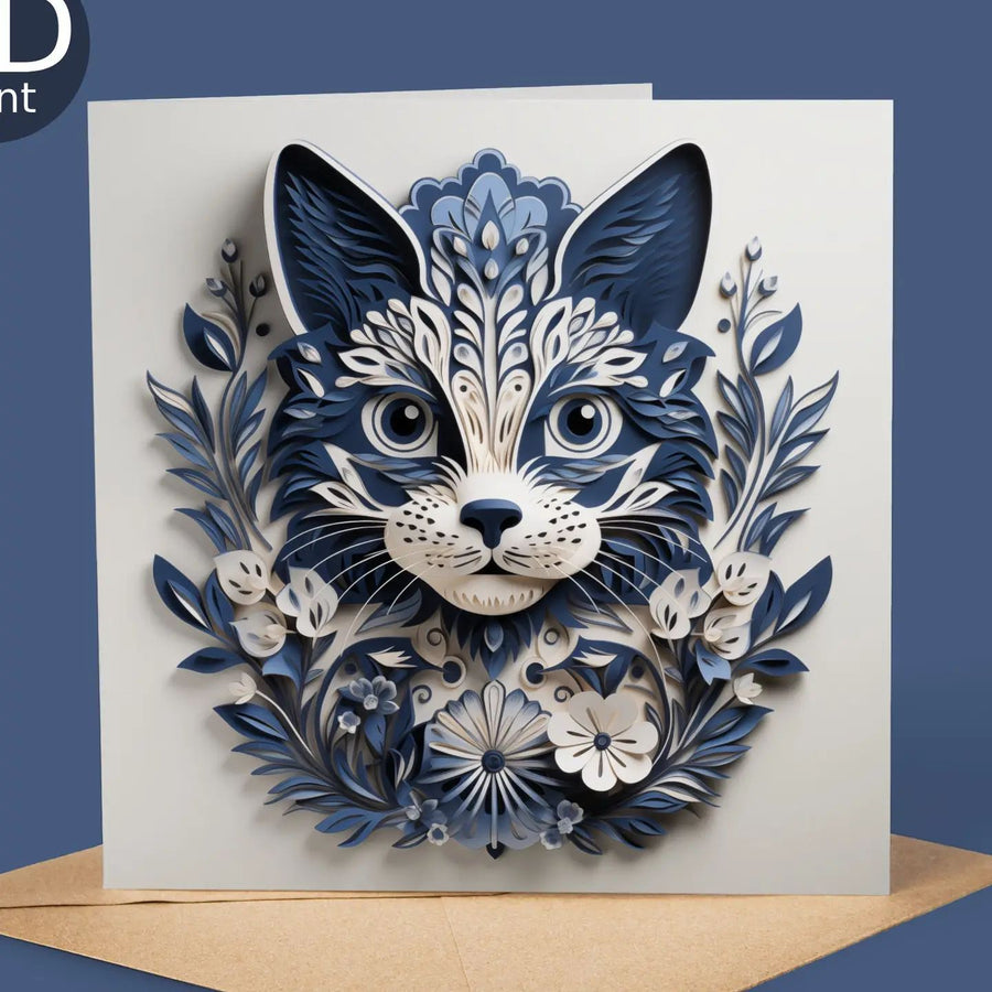 Floral Folk Art Cat 2D Printed Card