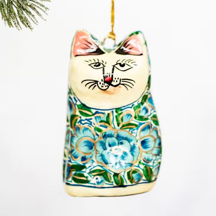 Fair Trade Painted Cat Decoration, Turq-green Floral