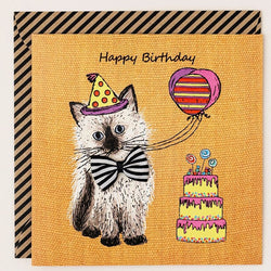 Fluffy Party Kitten Ribbon Birthday Card