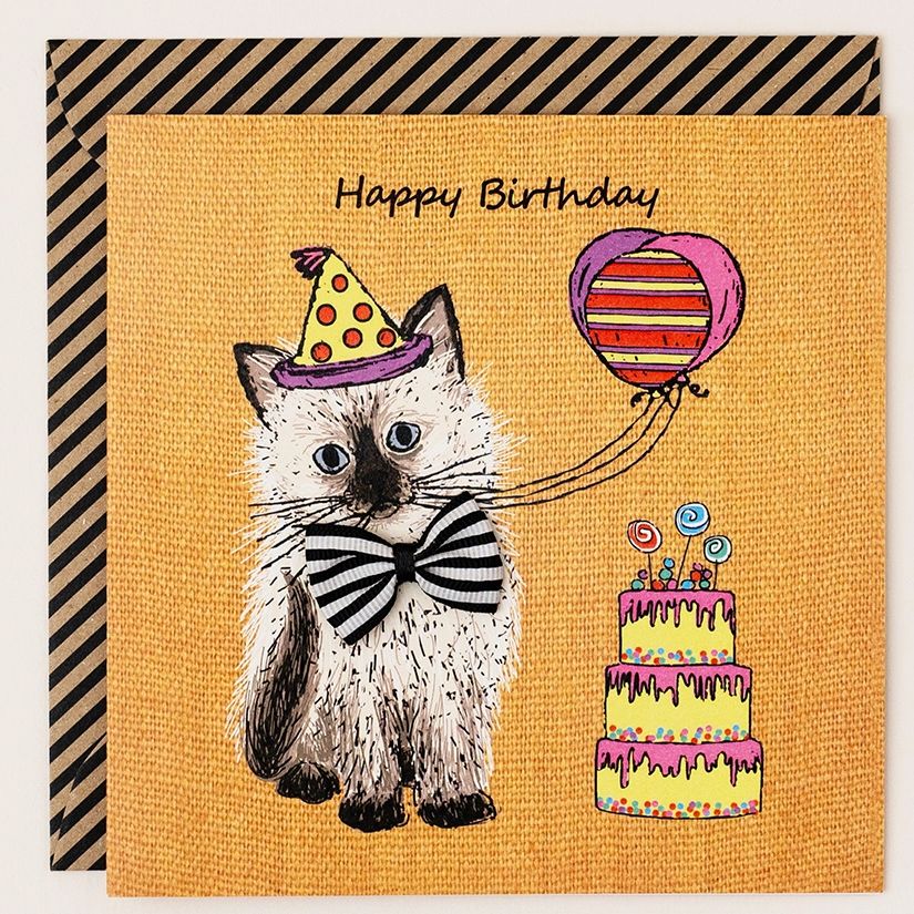 Fluffy Party Kitten Ribbon Birthday Card
