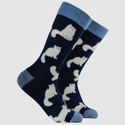 Fluffy White Cats Socks, UK 4-8 Navy