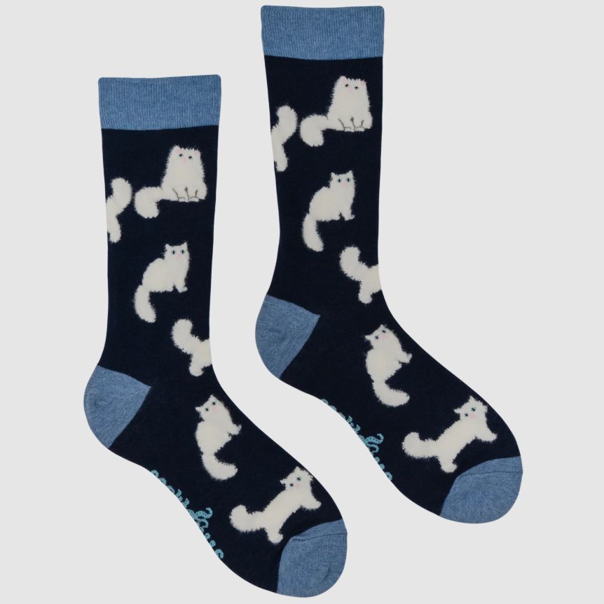 Fluffy White Cats Socks, UK 4-8 Navy