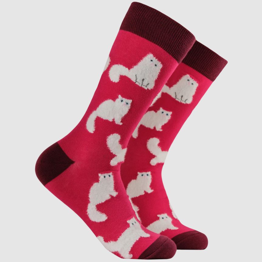 Fluffy White Cats Socks, UK 4-8 Pink
