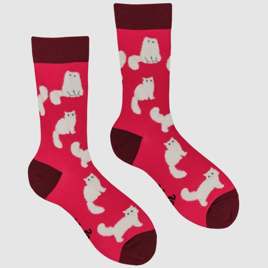 Fluffy White Cats Socks, UK 4-8 Pink