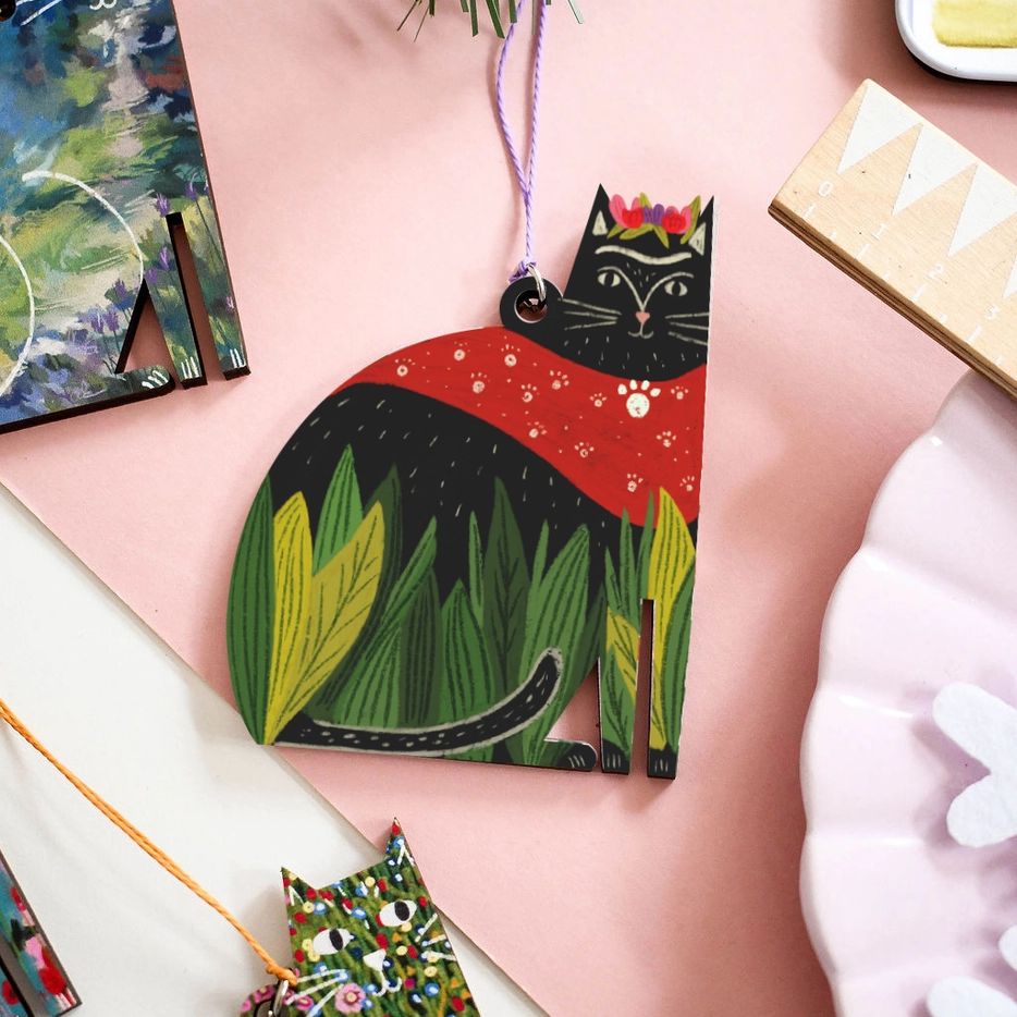 Frida Catlo Wooden Cat Hanging Decoration