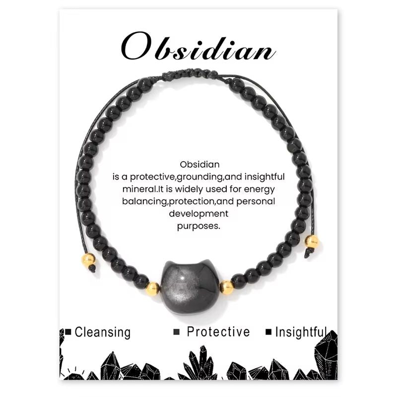 Cat Head Obsidian Friendship Bracelet