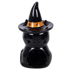 Black ceramic oil burner shaped like a witch's hat with an orange band on a white background