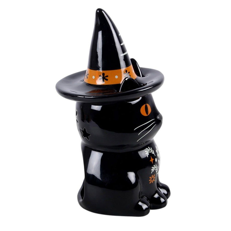 A glossy black cat figurine wearing a pointed witch hat with an orange band, shown on a plain white background.