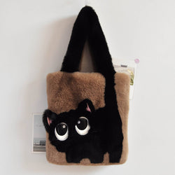 Plush bag with a black cat design on a white background