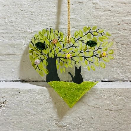 Blossom Cat Hanging Glass Heart