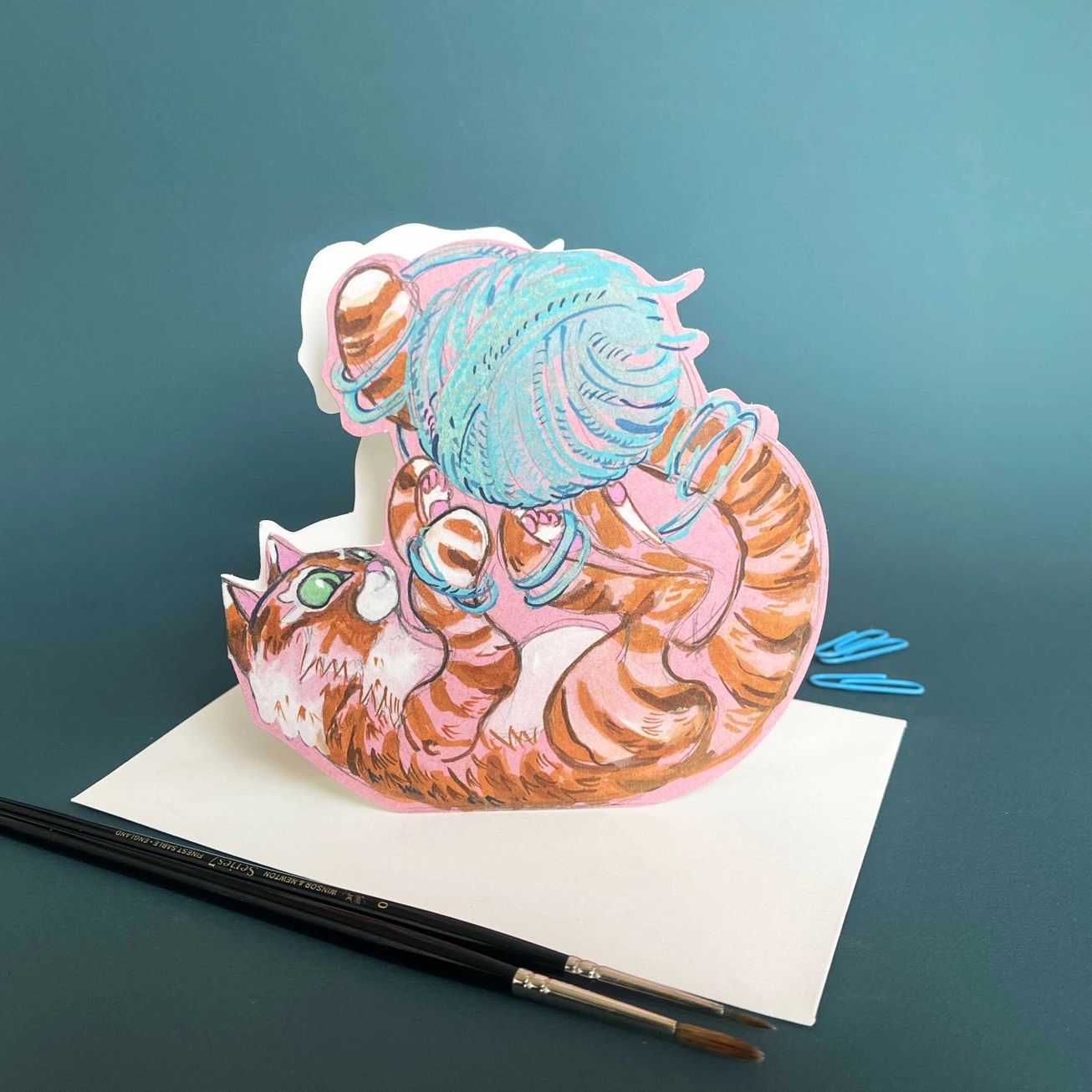 Ginger Cat & Wool Die Cut Greetings Card