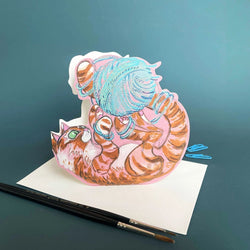 Ginger Cat & Wool Die Cut Greetings Card