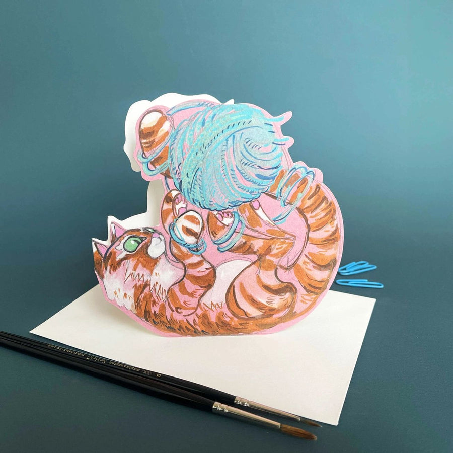 Ginger Cat & Wool Die Cut Greetings Card