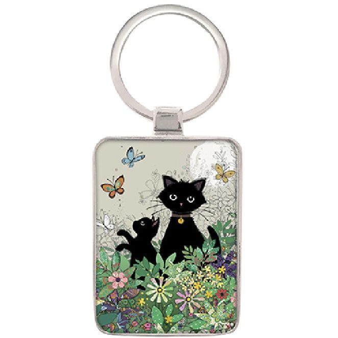 Black Kitty Keyring. Cats in garden with butterflies