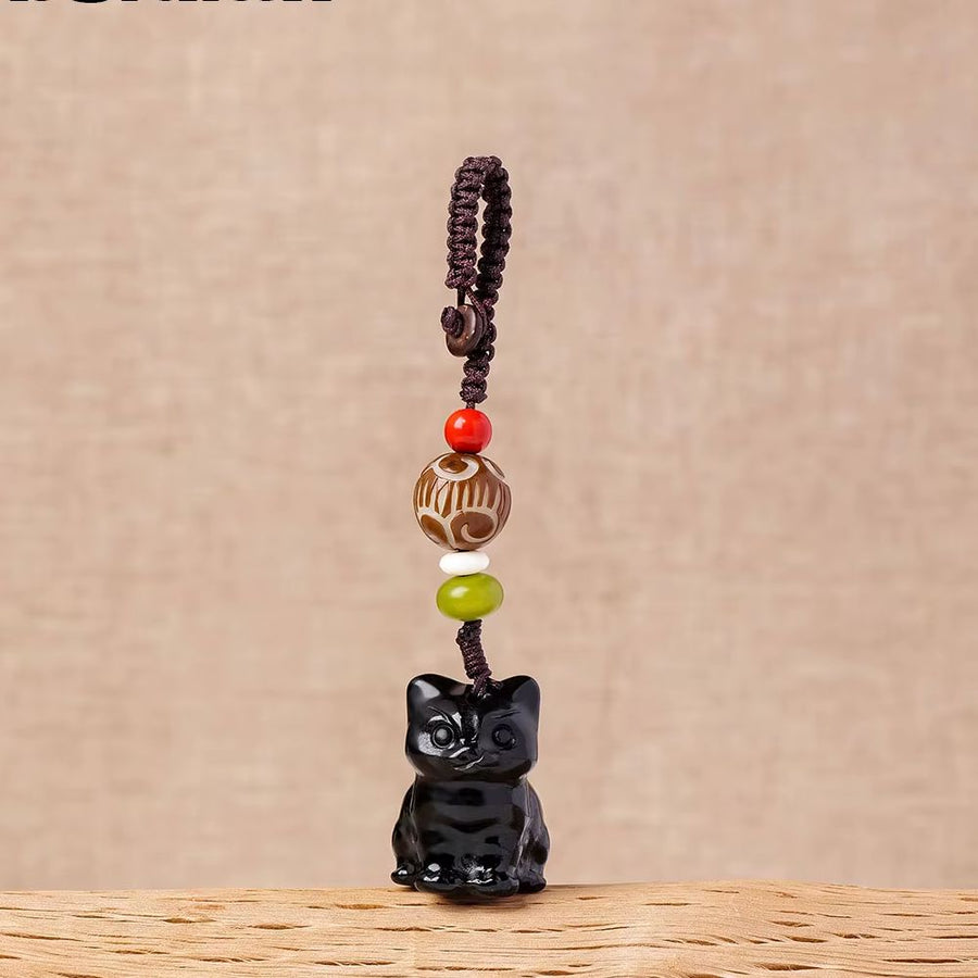 Obsidian Gemstone Cat Keyring Charm