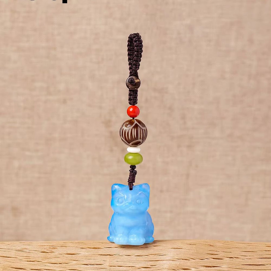 Obsidian Gemstone Cat Keyring Charm