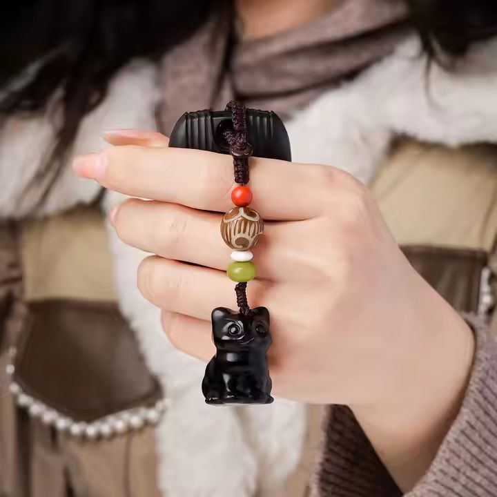 Obsidian Gemstone Cat Keyring Charm