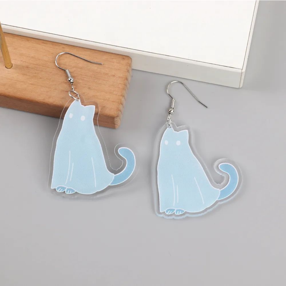 Blue Ghost Cat Acrylic Earrings