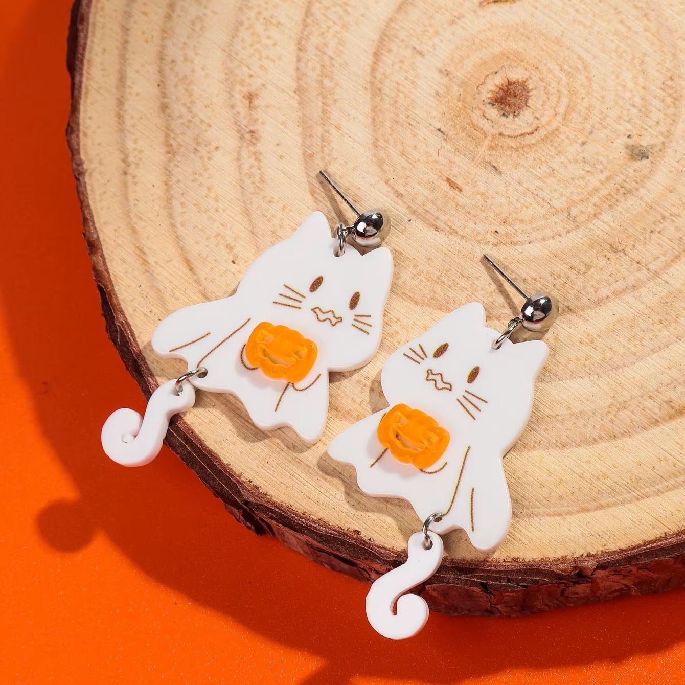 White Ghost Cat Pumpkin Earrings