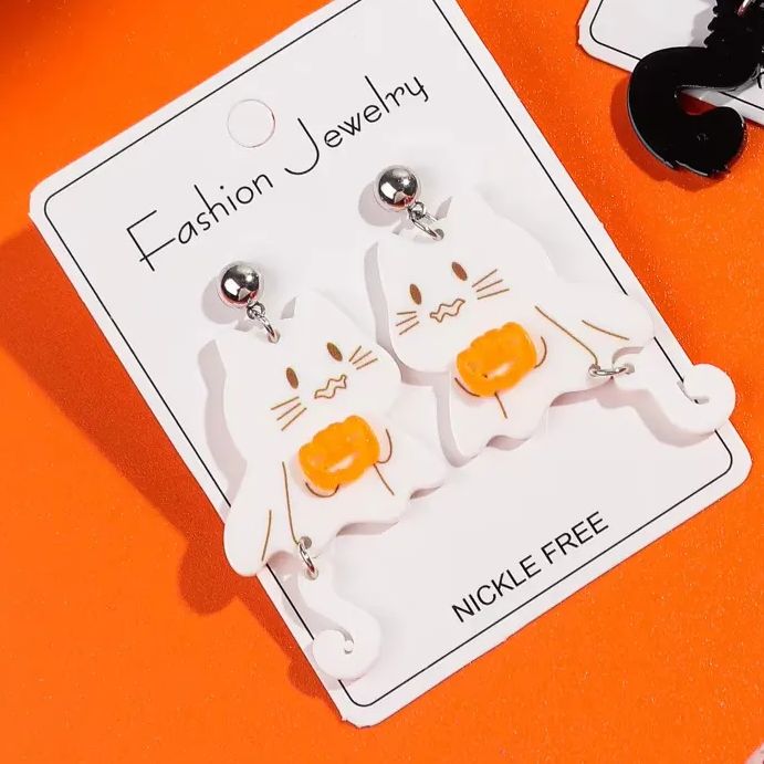 White Ghost Cat Pumpkin Earrings