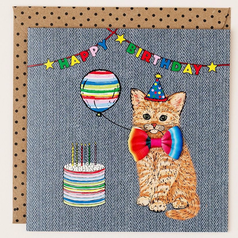 Ginger Cat Ribbon Birthday Card