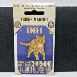 A packaged ginger cat fridge magnet by The Original Metal Sign Co., shown in its retail card hanger packaging against a dark textured fabric background.
