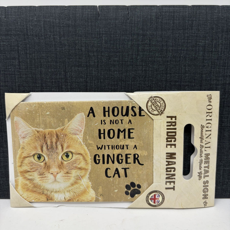 A packaged metal sign featuring a ginger cat photo and the text 'A HOUSE IS NOT A HOME WITHOUT A GINGER CAT,' 