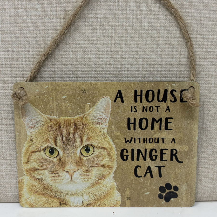 A rustic hanging sign with a ginger cat illustration and the text 'A HOUSE IS NOT A HOME WITHOUT A GINGER CAT' plus a black paw print