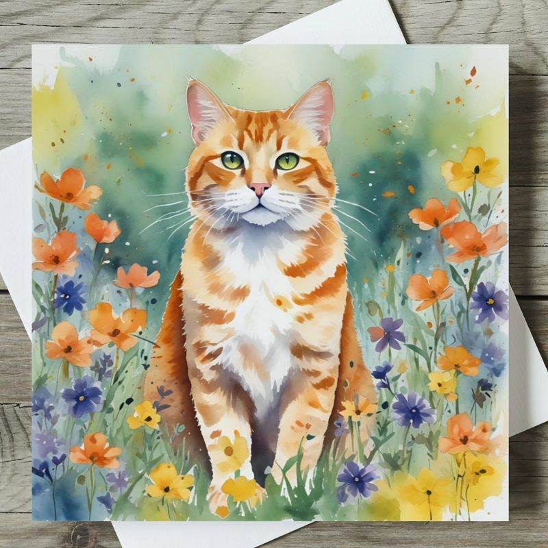 Ginger Cat Watercolour Card
