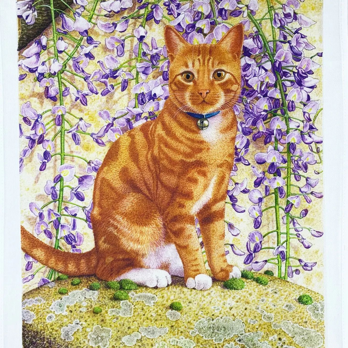 Ginger Cat with Bluebells Cotton Tea Towel