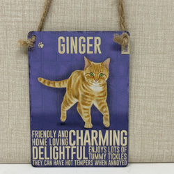 A rectangular hanging sign featuring an illustration of an orange tabby cat and the word 'GINGER' at the top, with decorative text around the cat