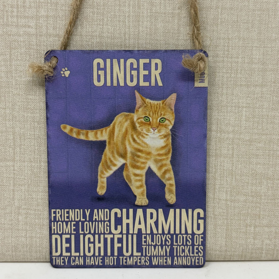 A rectangular hanging sign featuring an illustration of an orange tabby cat and the word 'GINGER' at the top, with decorative text around the cat